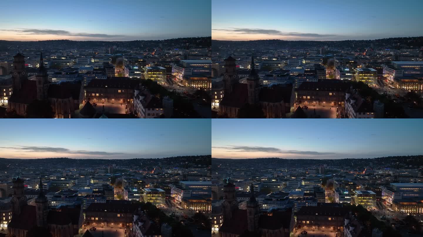 日落之夜斯图加特城市景观航拍全景4k德国