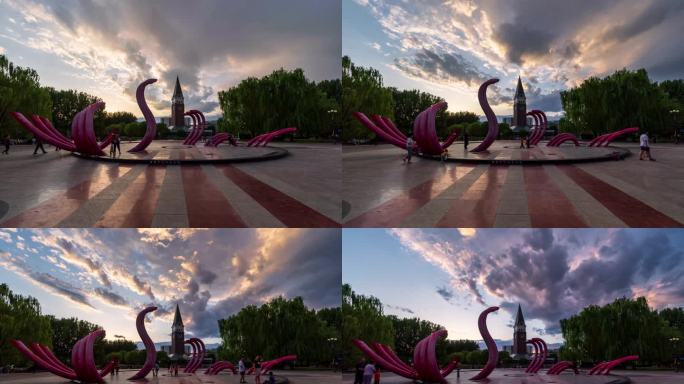 傍晚的北京昌平回龙观公园落日晚霞延时摄影