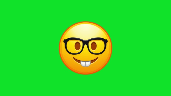 书呆子emoji。表情符号配透明眼镜，滑稽的黄脸配黑框眼镜。动画Emoji。Alpha通道，透明背景