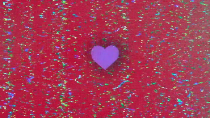 心形动画与彩色故障效果，复古80年代的VHS磁带风格，情人节爱好者红色的心