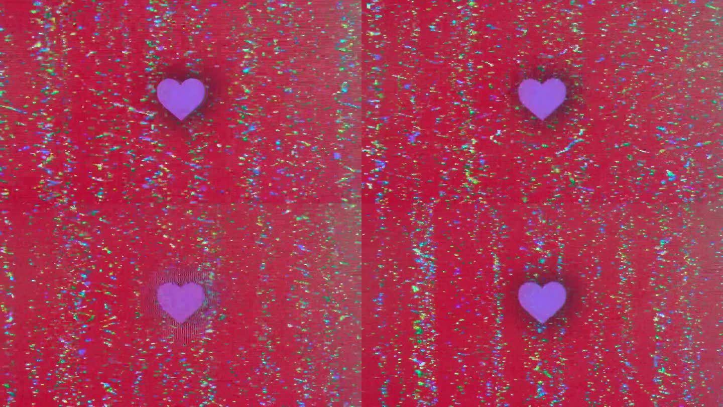心形动画与彩色故障效果，复古80年代的VHS磁带风格，情人节爱好者红色的心