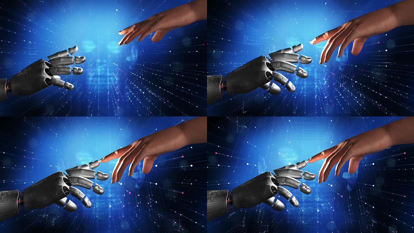 人工智能机器人的手指触摸人类的手指。快速数据传输。