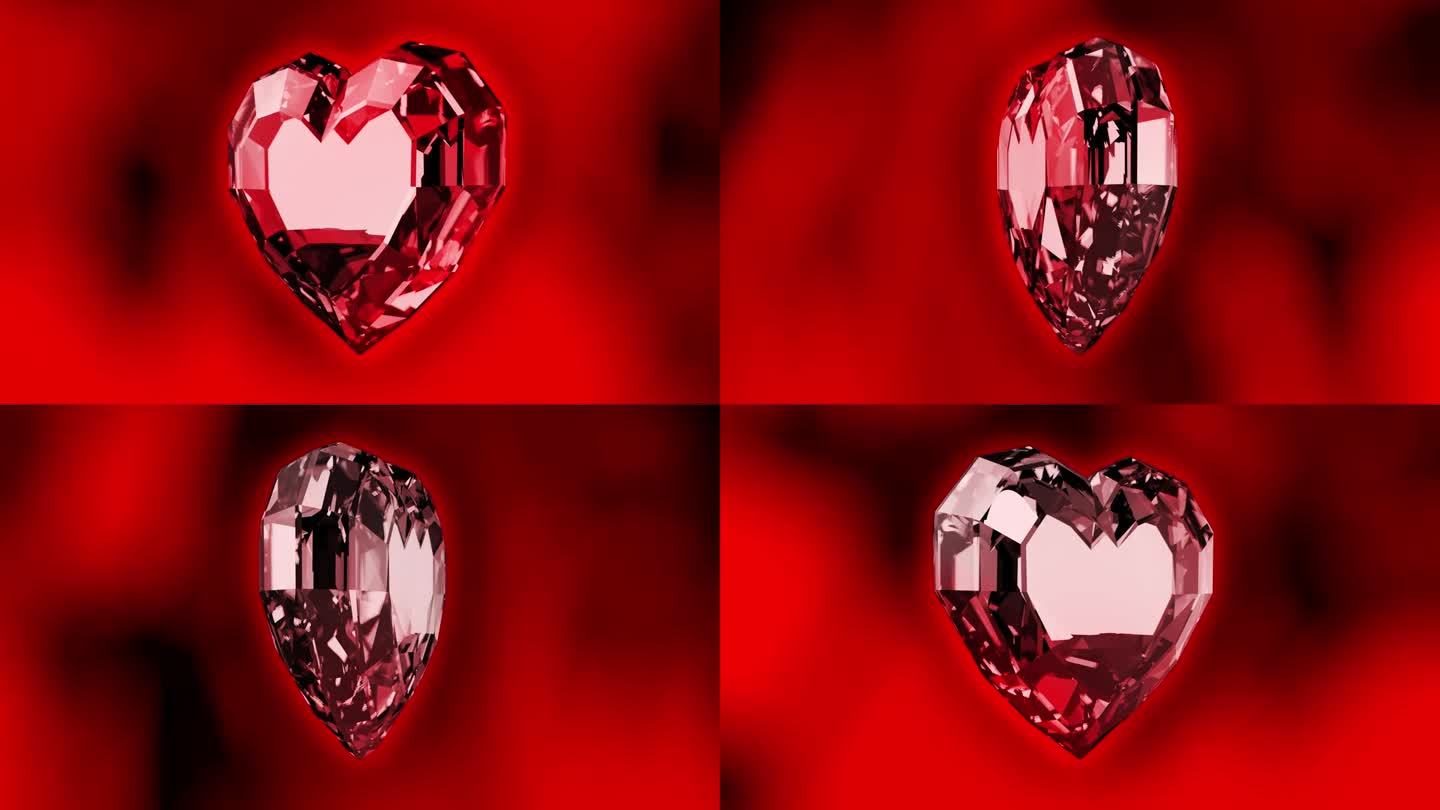 这个动画以精美的3D呈现，在深红色朦胧的背景下，有一颗红色的钻石心。