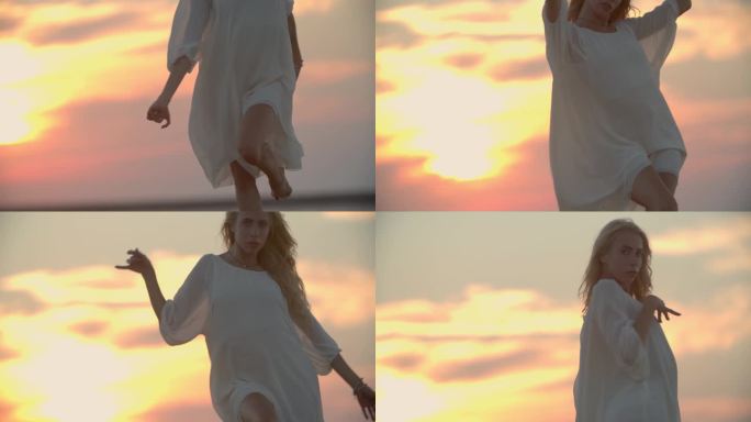 身穿白衣的金发女子在码头上跳舞，夕阳在她身后，4k