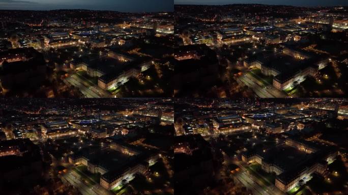 暮色夜照明斯图加特市中心公园航拍全景4k德国