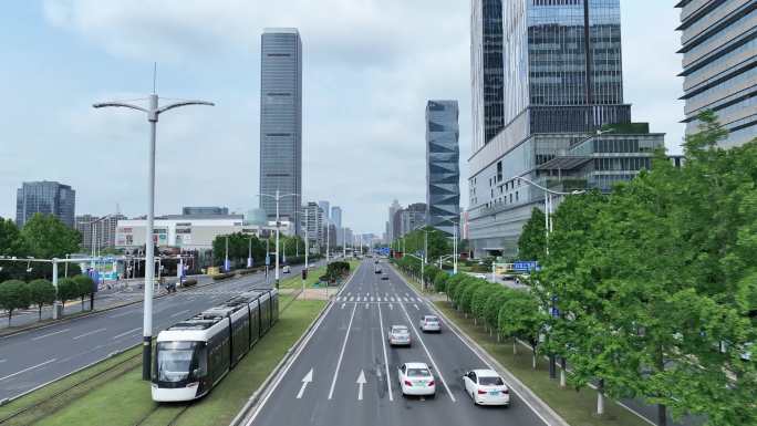 4K南京建邺河西CBD高楼航拍有轨电车