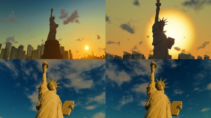 夕阳下的美国纽约自由女神像雕塑像