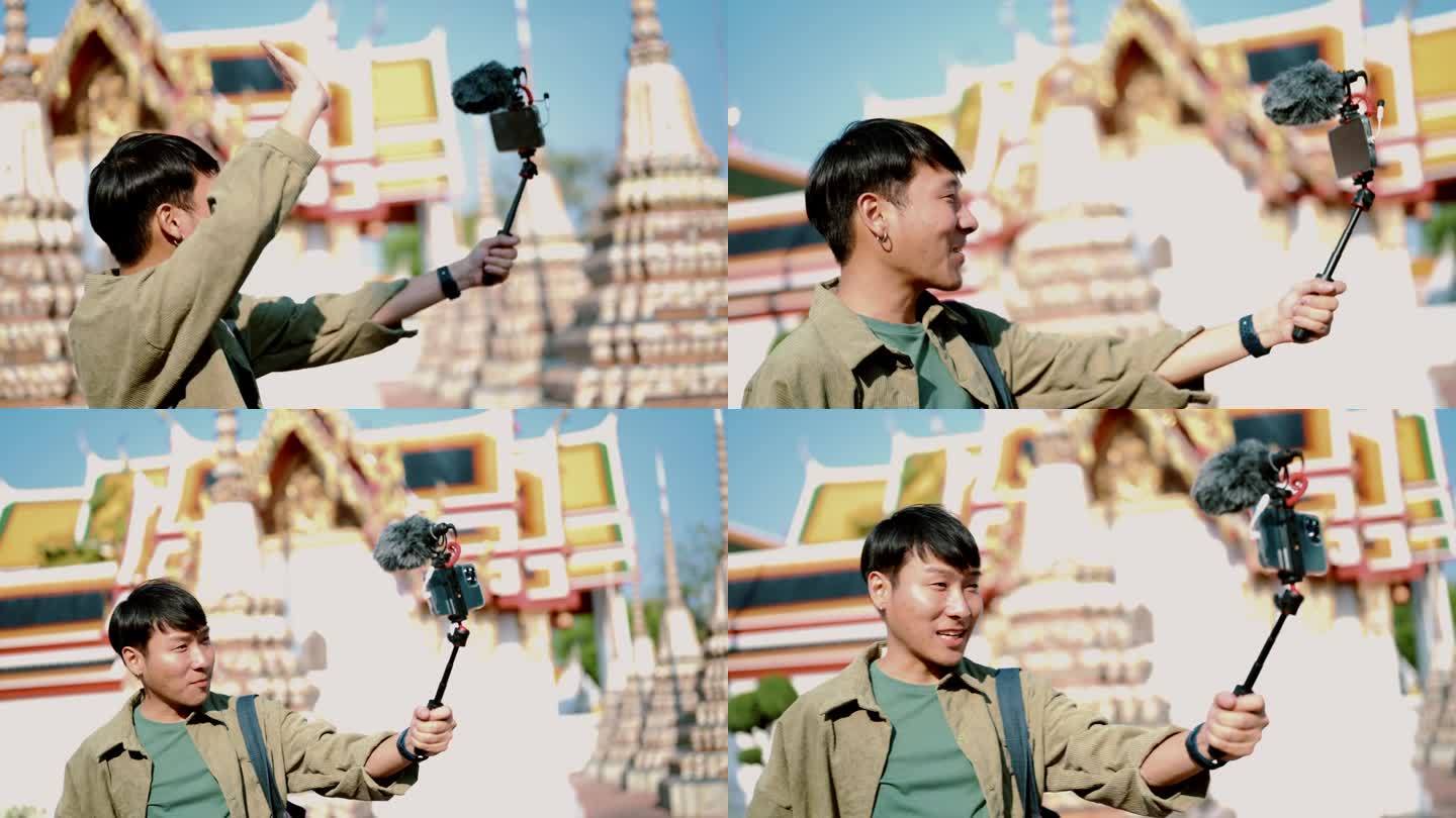 亚洲年轻的视频博主在亚洲旅行