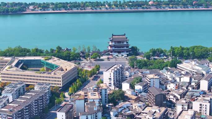 湖南长沙湘江杜甫江阁茶馆航拍城市地标风景