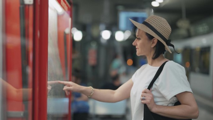 年轻的女商人戴着帽子，在地铁站看着墙上的地铁地图寻找方向，慢动作，选择性聚焦，电影镜头