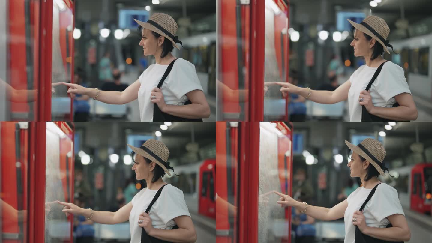 年轻的女商人戴着帽子，在地铁站看着墙上的地铁地图寻找方向，慢动作，选择性聚焦，电影镜头