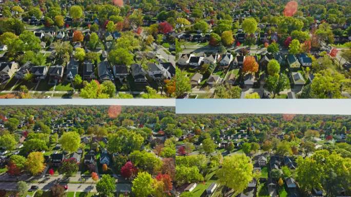 向前无人机拍摄与向上倾斜揭示小城市在蒙哥马利县，俄亥俄州