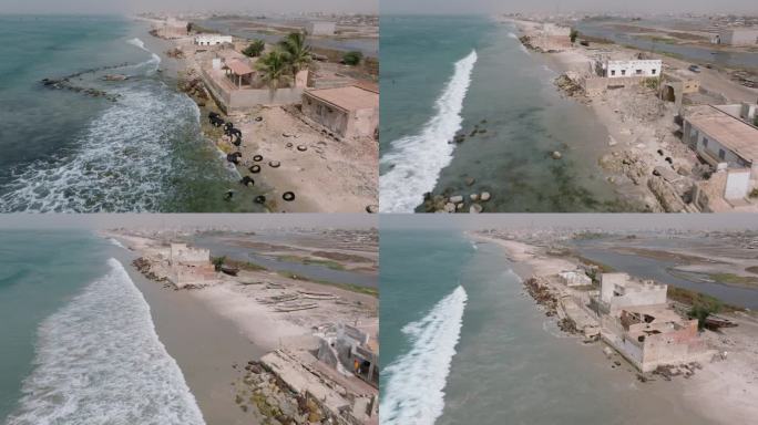 空中飞行。气候变化导致的海平面上升导致的海岸侵蚀，塞内加尔的圣路易斯