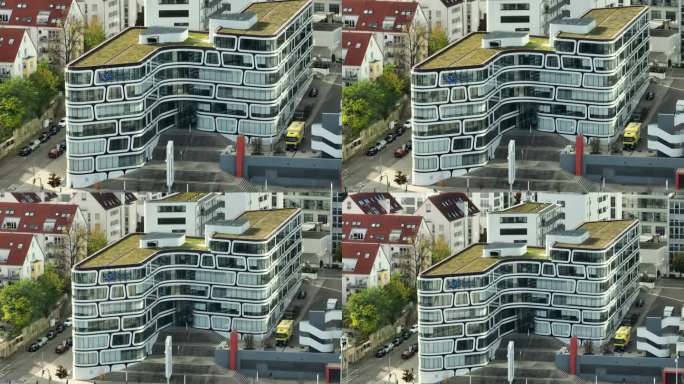 白天斯图加特市现代办公大楼外部屋顶鸟瞰全景4k德国