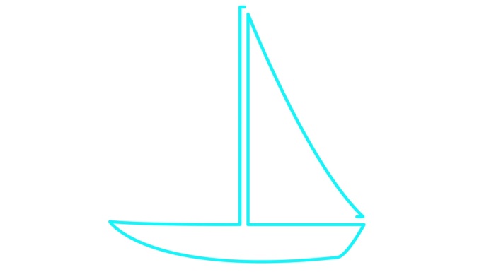 蓝色游艇动画绘制。帆船的线形符号。旅游、休闲、航海、帆船赛的概念。毛圈的视频。线矢量插图孤立的白色背