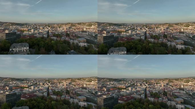 日落时间飞行在斯图加特城市景观空中全景4k德国