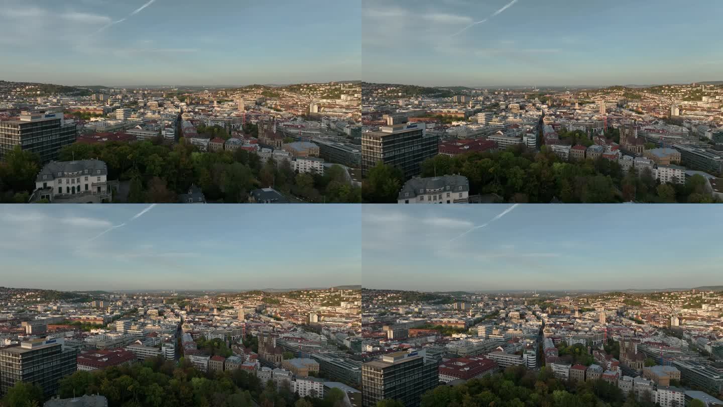 日落时间飞行在斯图加特城市景观空中全景4k德国
