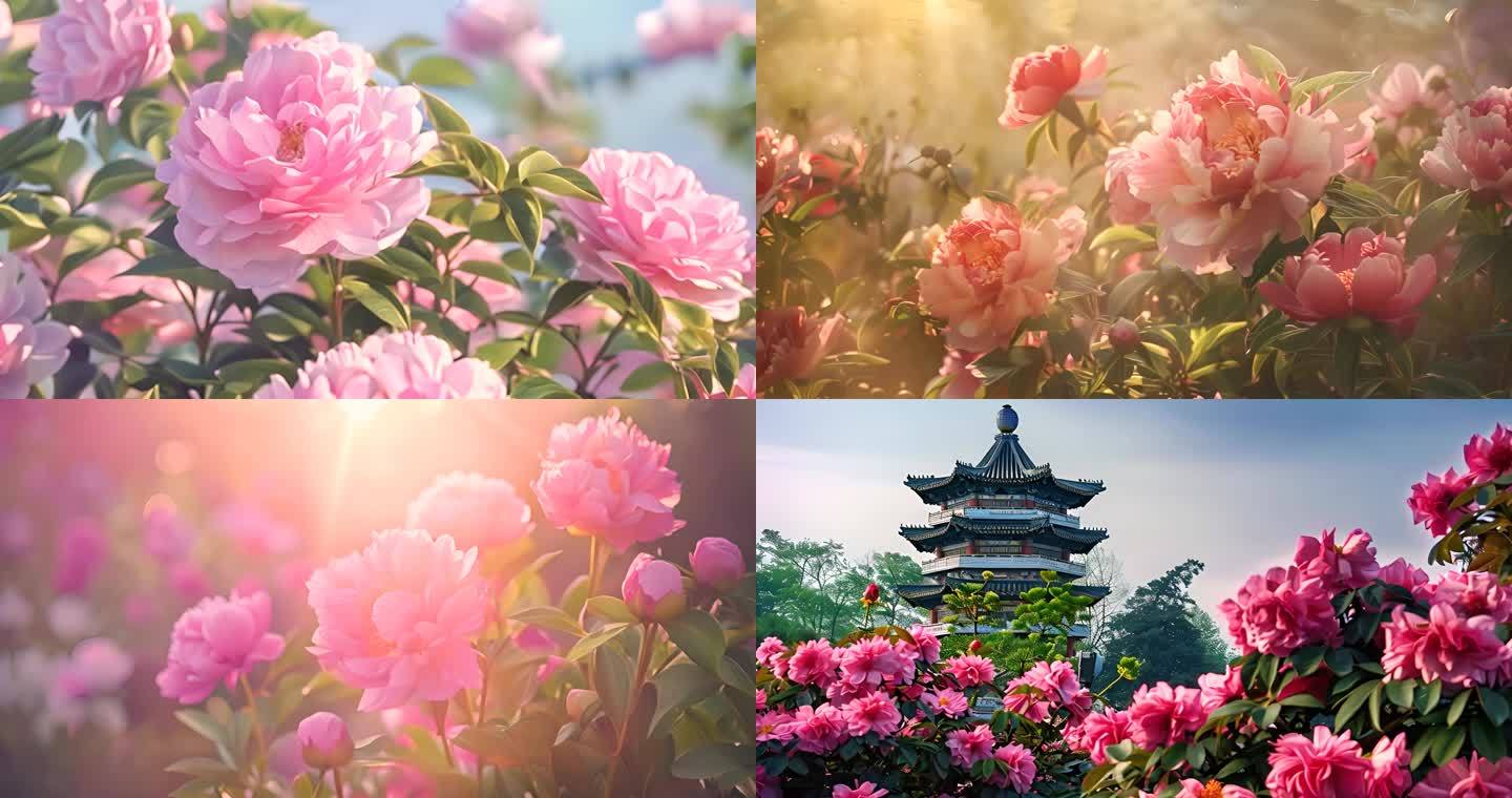 牡丹花开放粉色的牡丹绽放中国风舞美背景