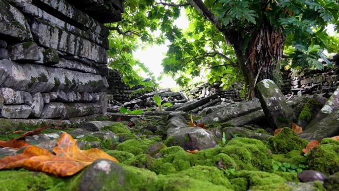 密克罗尼西亚联邦波纳佩的南马都尔古城，石头外墙和苔藓覆盖的小路的风景