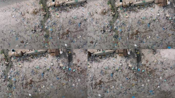 高空平移。在塞内加尔达喀尔的鱼市，污水涌入海洋，可怕的塑料污染