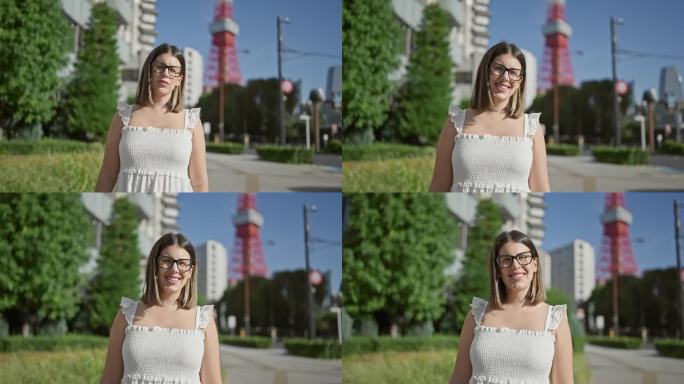活力四射的西班牙裔女子在东京著名的城市景点戴着眼镜摆姿势，脸上洋溢着喜悦的笑容，散发出一种富有感染力