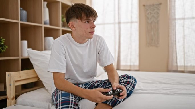穿着睡衣的白人少年在家里的床上玩电子游戏，表现出专注的神情