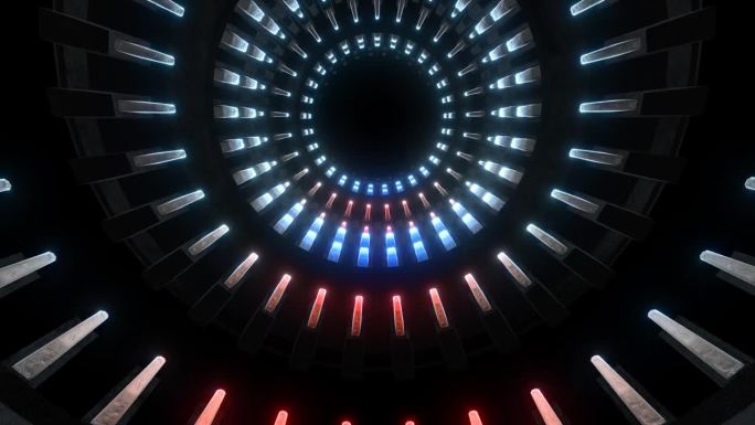 三维抽象动画“暗射线”VJ循环圆柱形隧道背景与霓虹蓝红光