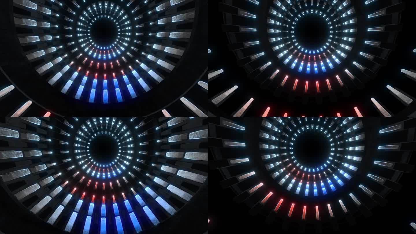 三维抽象动画“暗射线”VJ循环圆柱形隧道背景与霓虹蓝红光