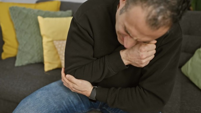 一个忧郁的男人坐在室内，紧握着胳膊肘，散发着痛苦或不适，背景是彩色的靠垫。