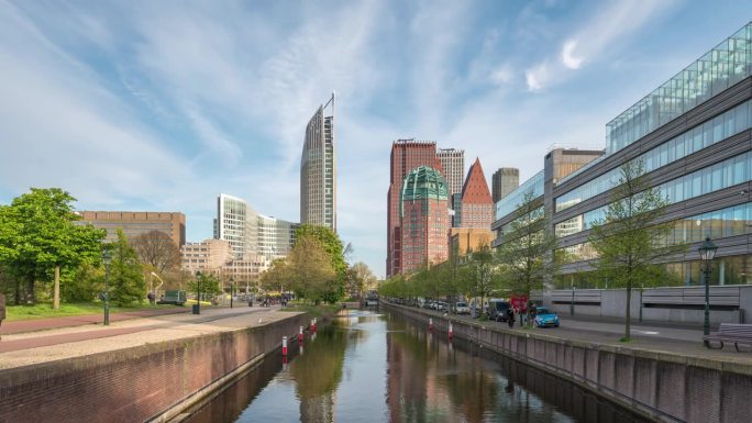 荷兰海牙(Den Haag)的时间流逝，城市天际线在广场和摩天大楼商业区