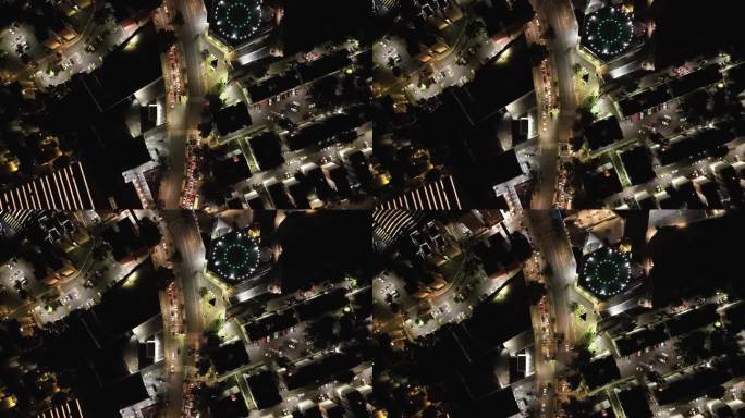 无人机拍摄的大学大道夜景。住宅区，直升机场。Coyoacan。CDMX