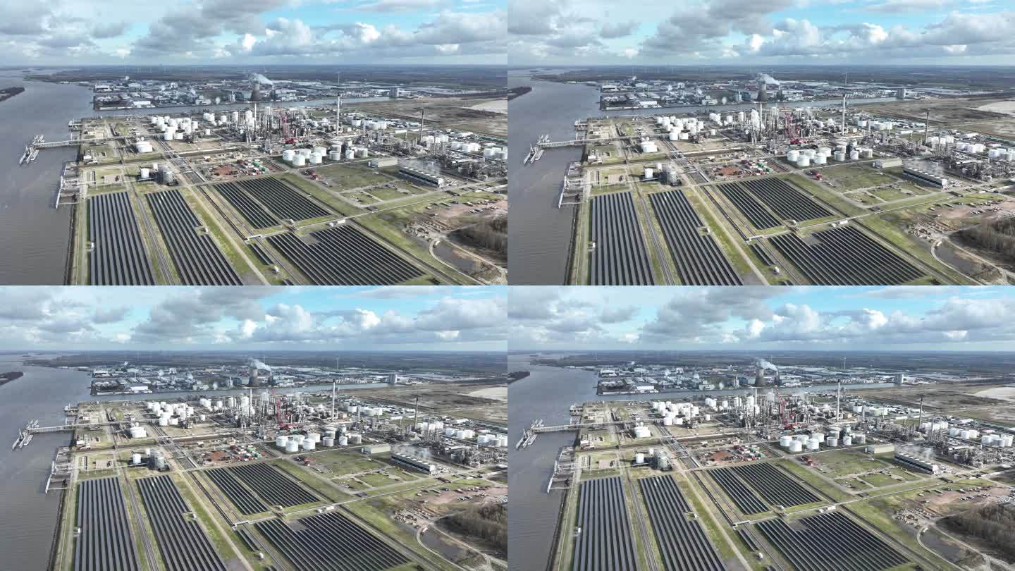 在莫尔戴克重工业区内，包括沿荷兰Diep运河的石化精炼厂、太阳能电池板和航运运输路线。空中鸟瞰无人机