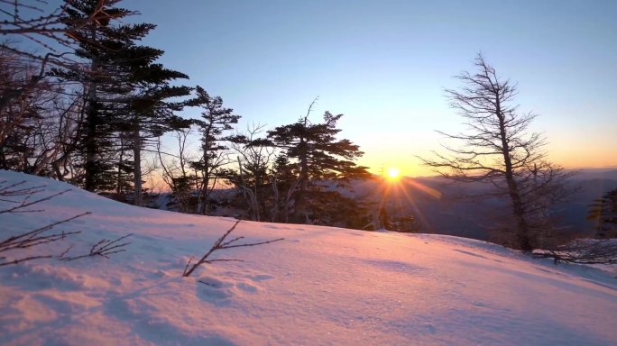 雪山航拍滑雪夕阳寒冬松树