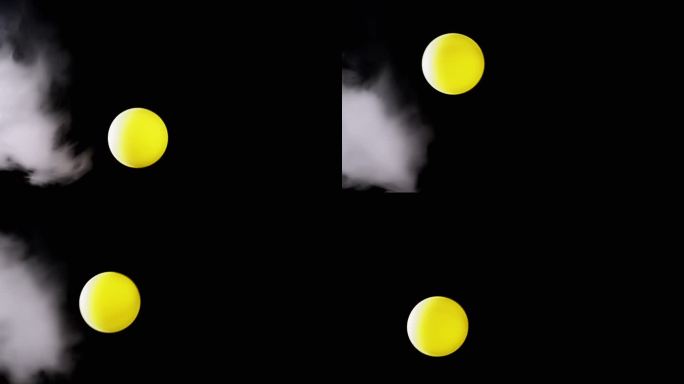 旋转的黄色球体与空白空间中气流中的烟雾的碰撞