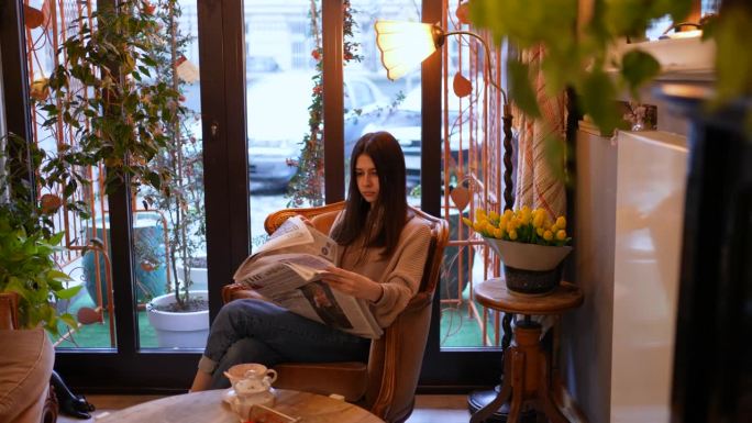 漂亮的年轻女子或女孩坐在法式咖啡馆的椅子上，看报纸，喝咖啡
