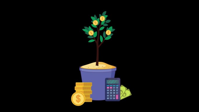 金钱树投资金钱树美元硬币动画成长金钱投资动画与Alpha频道。