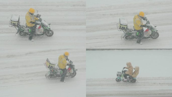 大雪中骑行的外卖小哥和行人