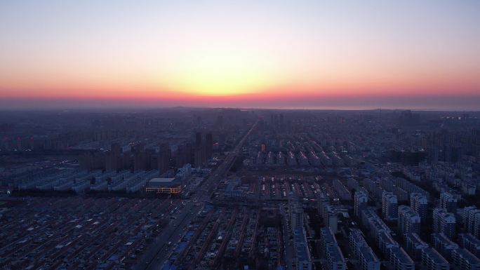 莱州落日 航拍 4k 平移推进 城市夕阳