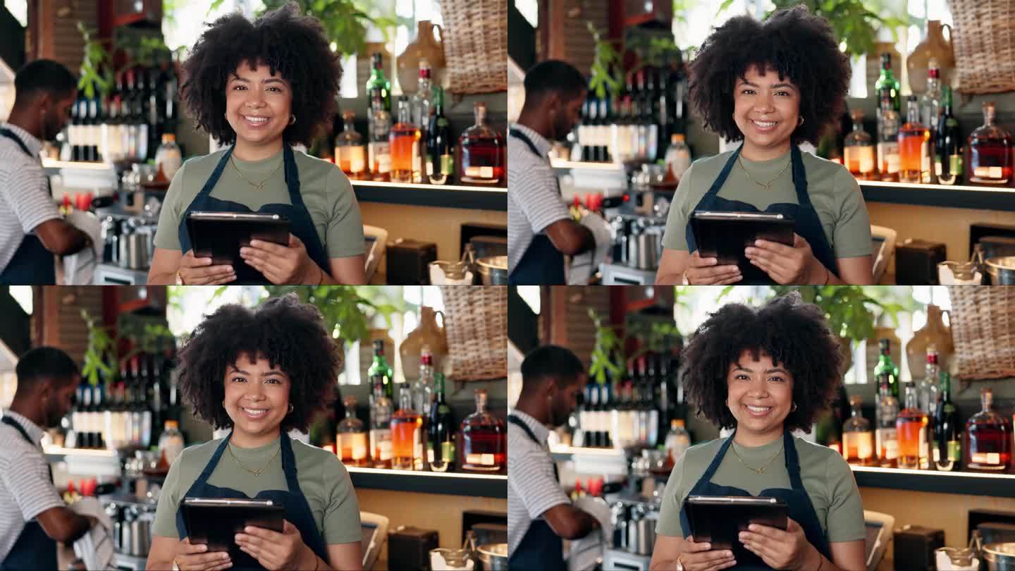 平板电脑、餐馆女服务员和调酒师微笑着销售酒类、商业服务或股票。肖像，工作经验和小企业主自豪的饮料贸易