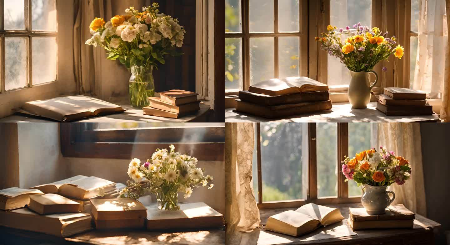 花与书 窗边光影：书桌上的花瓶与故事