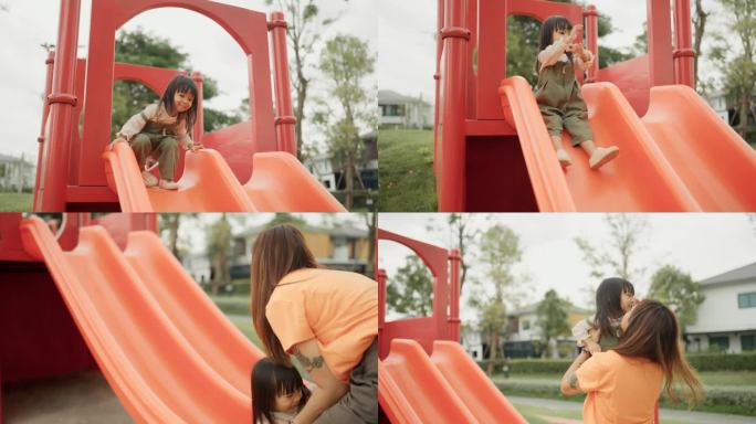 春天的户外，宝宝和妈妈在公园里玩耍。快乐的女人和顽皮的女儿，孩子或女孩在一个阳光明媚的日子里爬上攀登