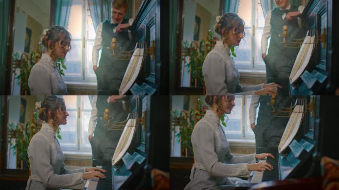 19世纪复古室内音乐课程，女士为男士弹钢琴，4K，普罗斯