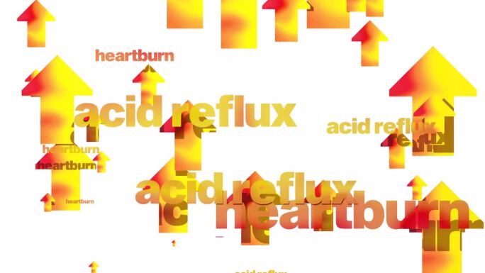 平面火焰箭头的3d动画和单词“胃灼热”和“胃酸反流”向上移动。