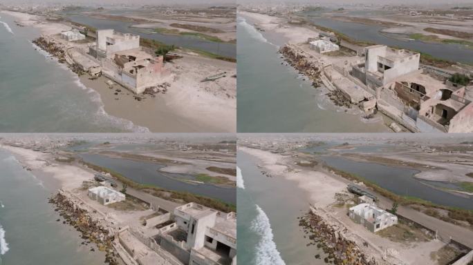 空中飞行。气候变化导致的海平面上升导致的海岸侵蚀，塞内加尔的圣路易斯