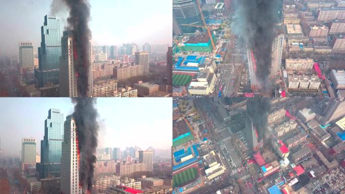 4K航拍城市高楼起火及救援过程。