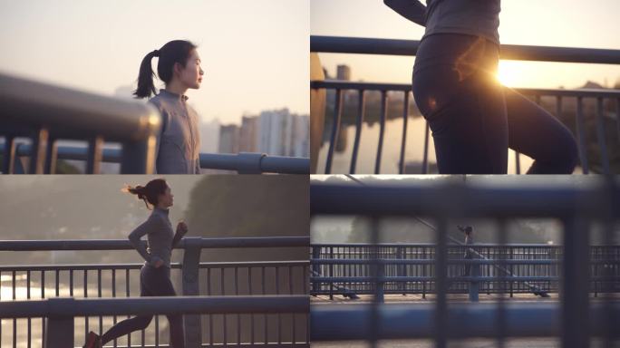 4K实拍女子在夕阳下跑步健身