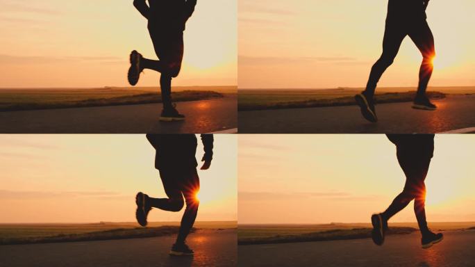 奔跑、跑步脚部特写镜头 夕阳逆光