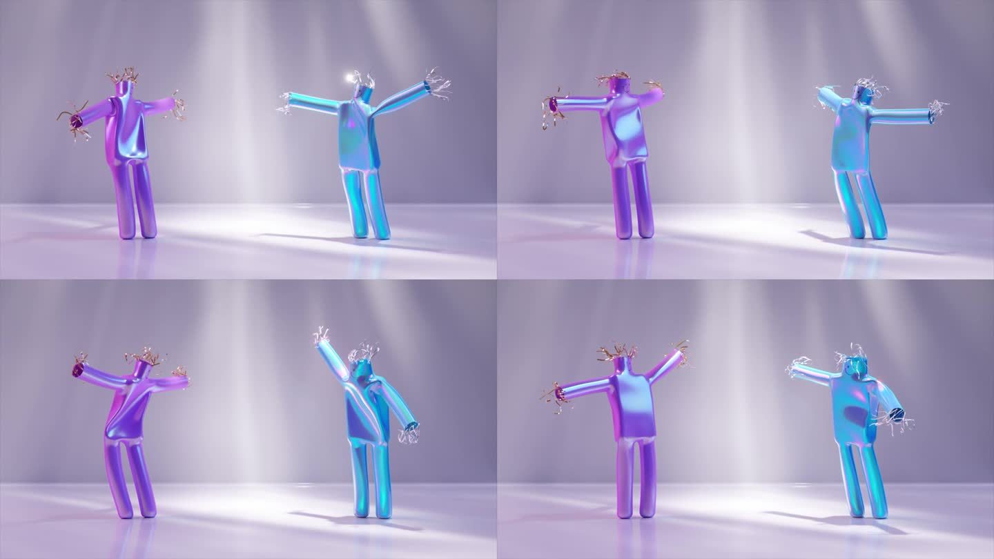 两个充气娃娃跳舞的动画。有趣的卡通人物孤立在白色背景