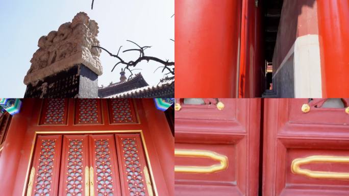 寺庙 红墙 蓝天 红窗 红柱 枯枝阴影