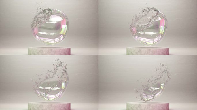 闪烁的气泡在3D动画中破裂，闪烁的碎片舞蹈。慢动作